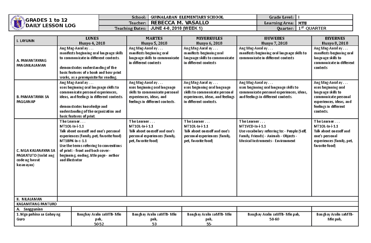 DLL MTB 1 Q1 W1 - Daily Lesson Log for Grade 1 (Week 1) - Studocu