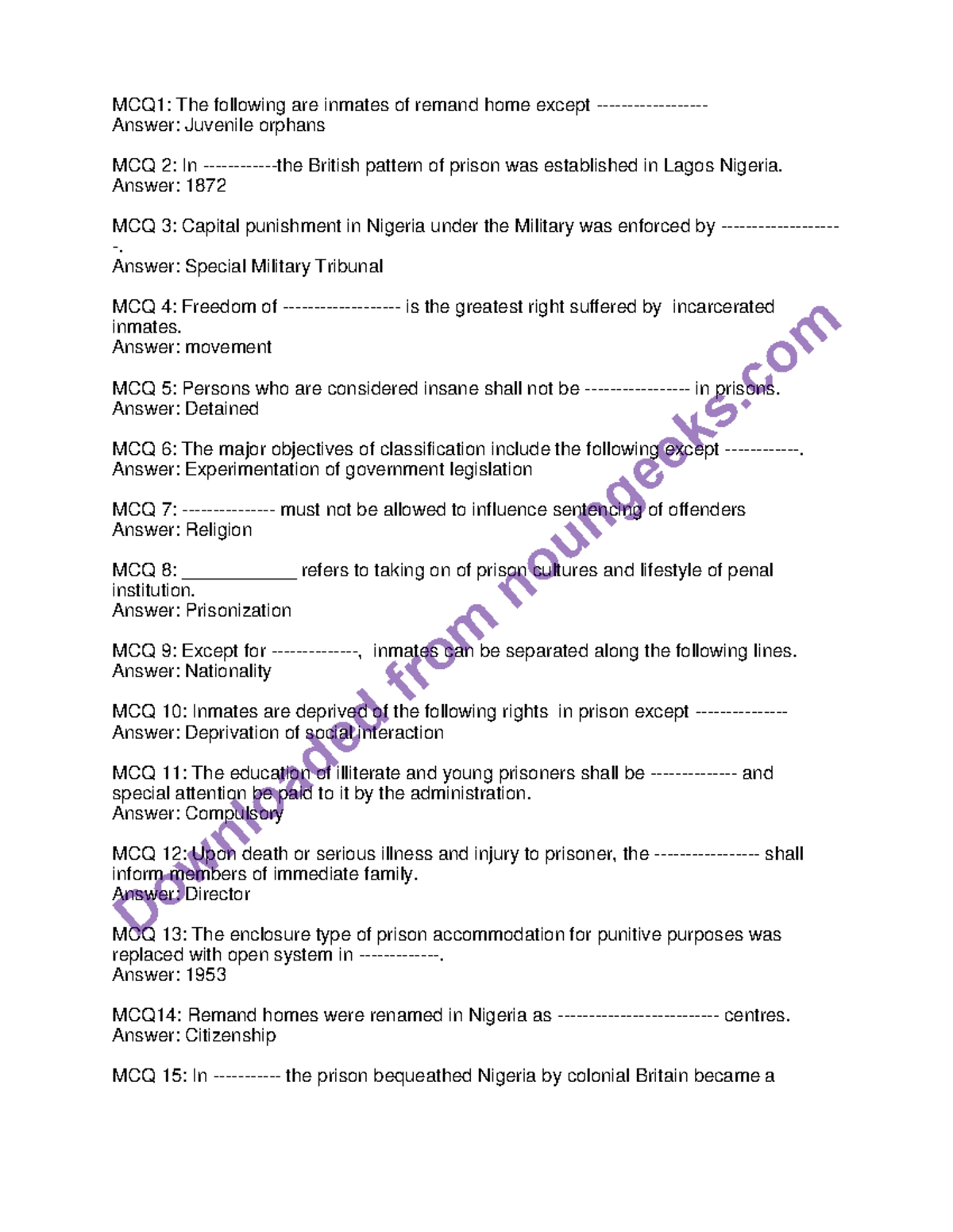 CSS212-2 - Question and answer - MCQ1: The following are inmates of ...