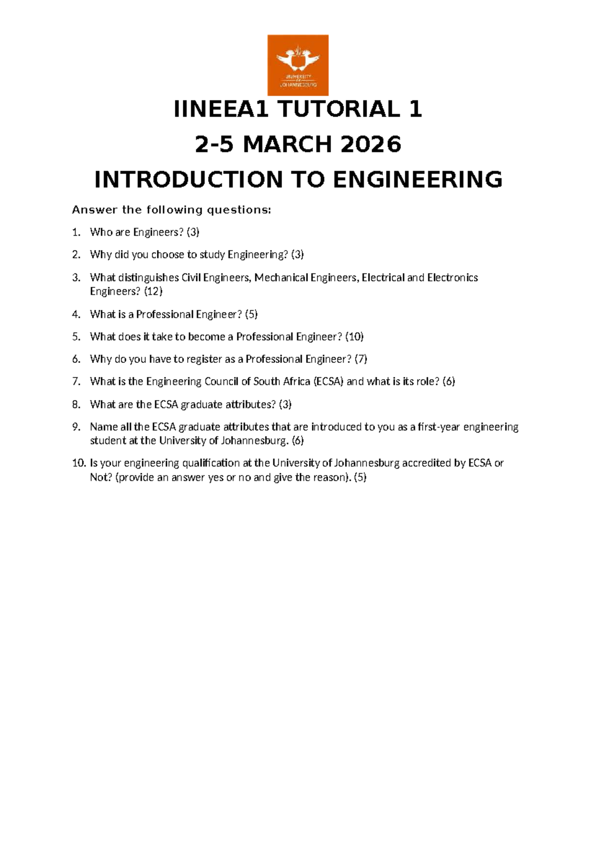 IINEEA1 TUTORIAL 1: INTRODUCTION TO ENGINEERING QUESTIONS - Studocu