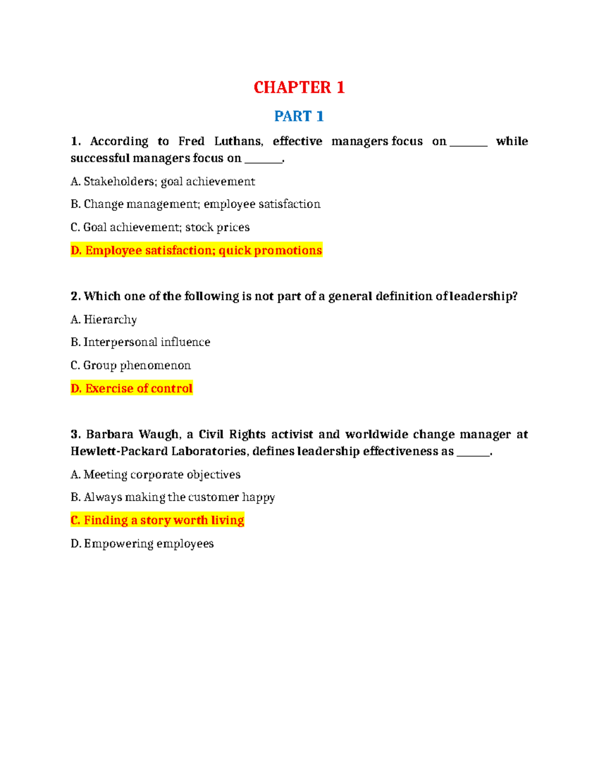 CHAPTER 1 (Trắc nghiệm) - Leadership Concepts and Effectiveness - Studocu