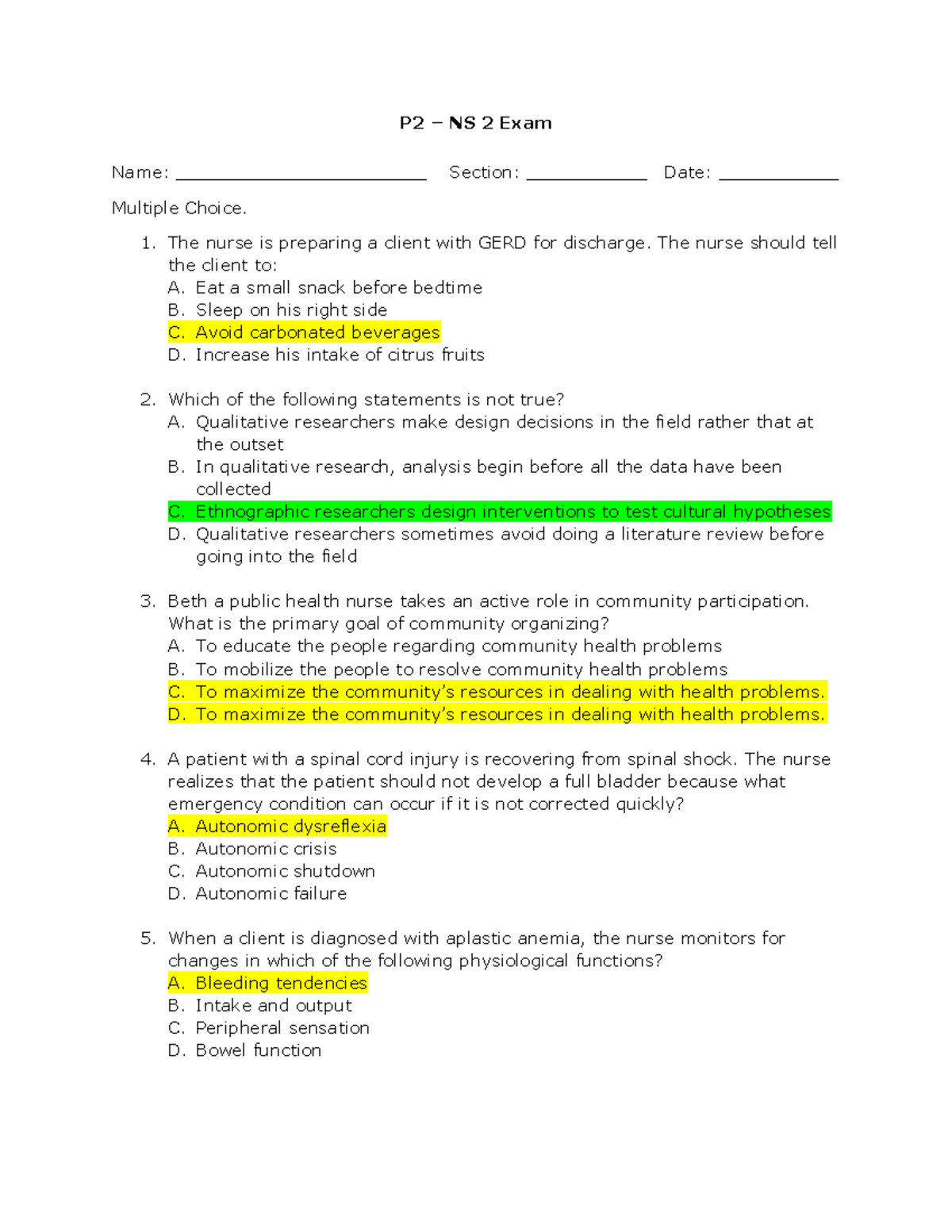 NS P2 - Multiple Choice Exam Questions and Answers - Studocu
