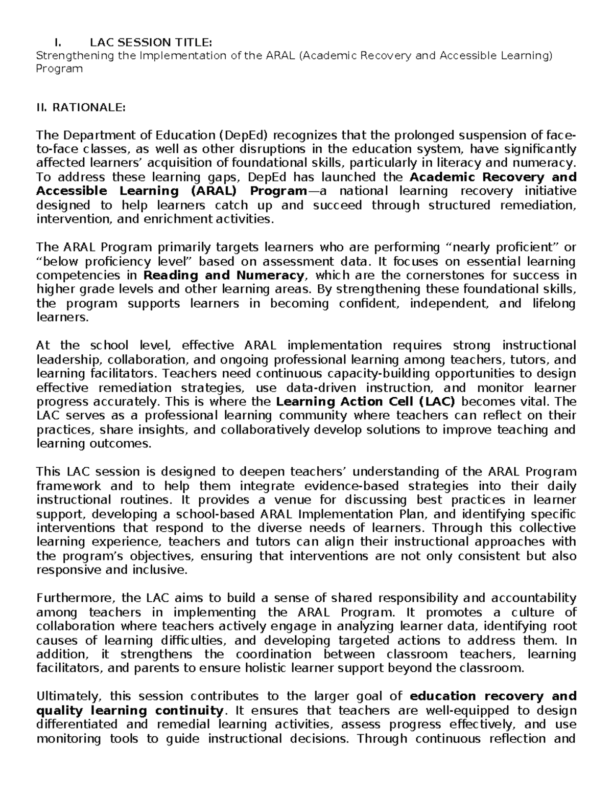 ARAL LAC Session Plan: Enhancing Literacy & Numeracy Strategies - Studocu