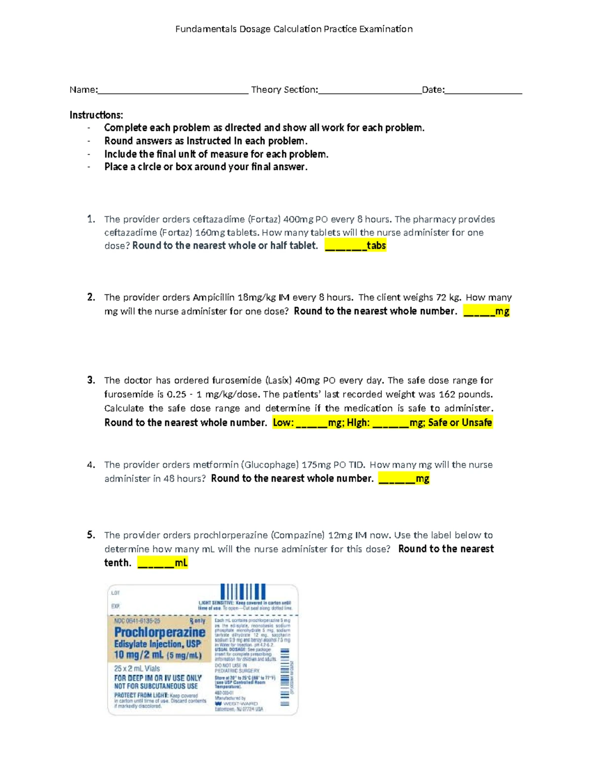 RN Fundamentals Dosage Calculation Practice Exam 1 - Answer Key - Studocu