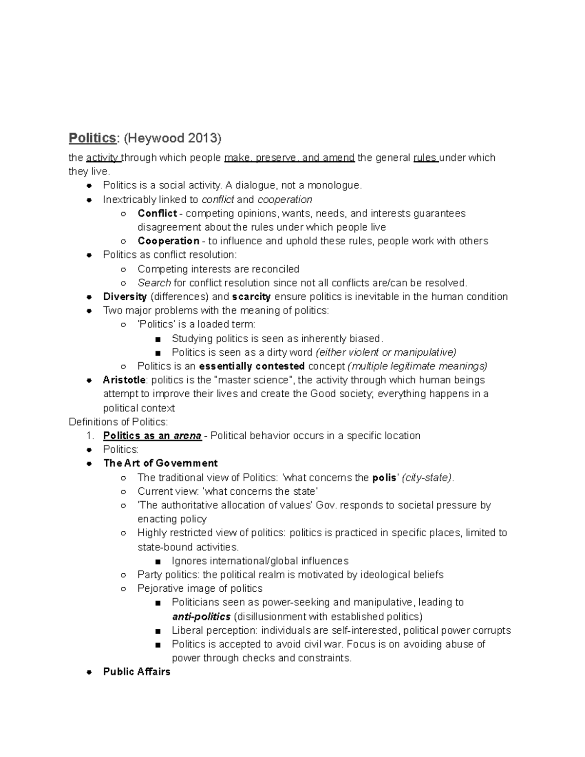 Pol Sci 101 Week 1 Lecture Notes on Political Concepts and Theories ...
