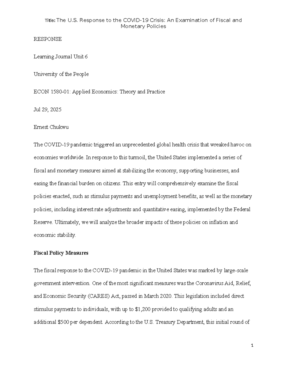 U.S. Fiscal & Monetary Policy Response to COVID-19: ECON 1580 Journal ...