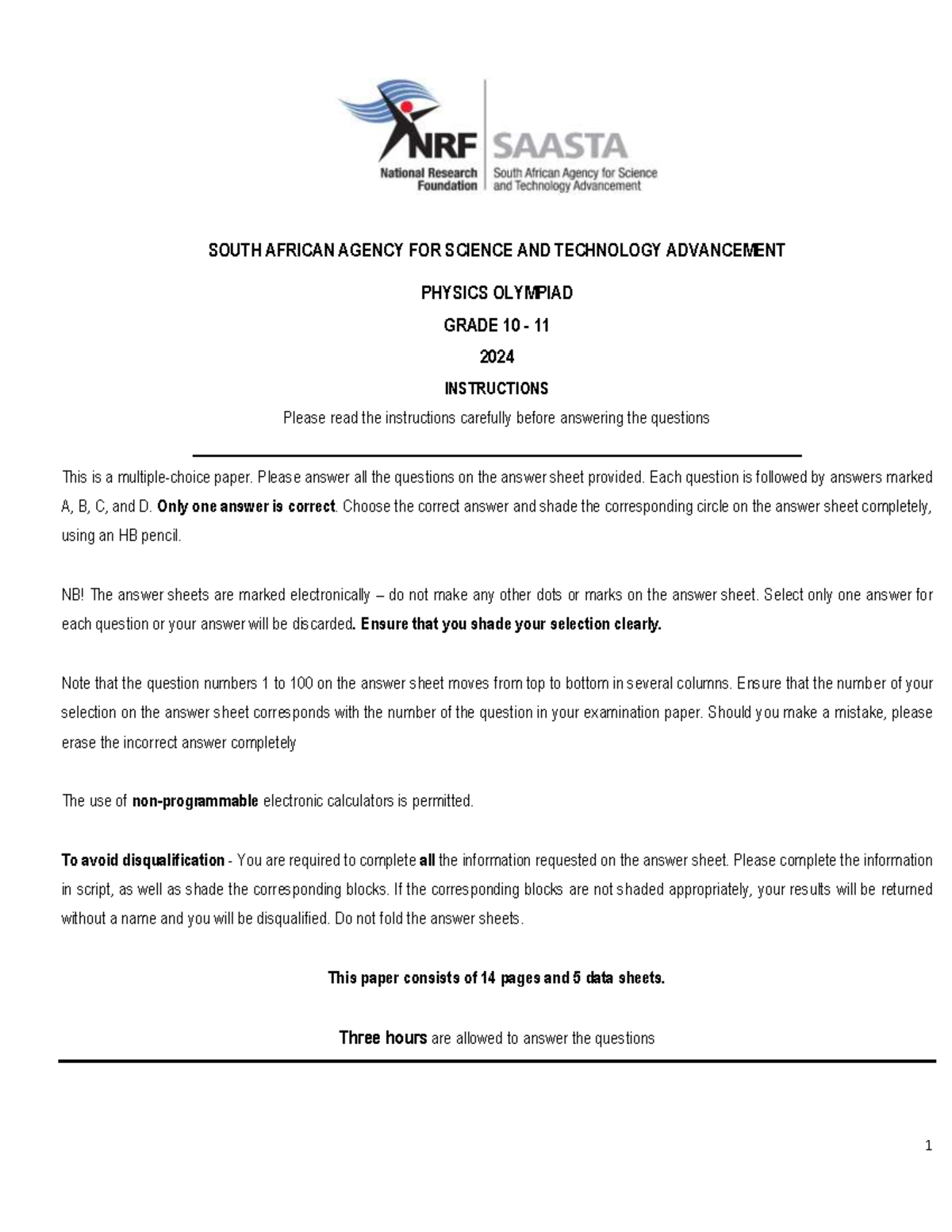 PHYSICAL SCIENCE OLYMPIAD GRADE 10-11 2024 INSTRUCTIONS & QUESTIONS ...