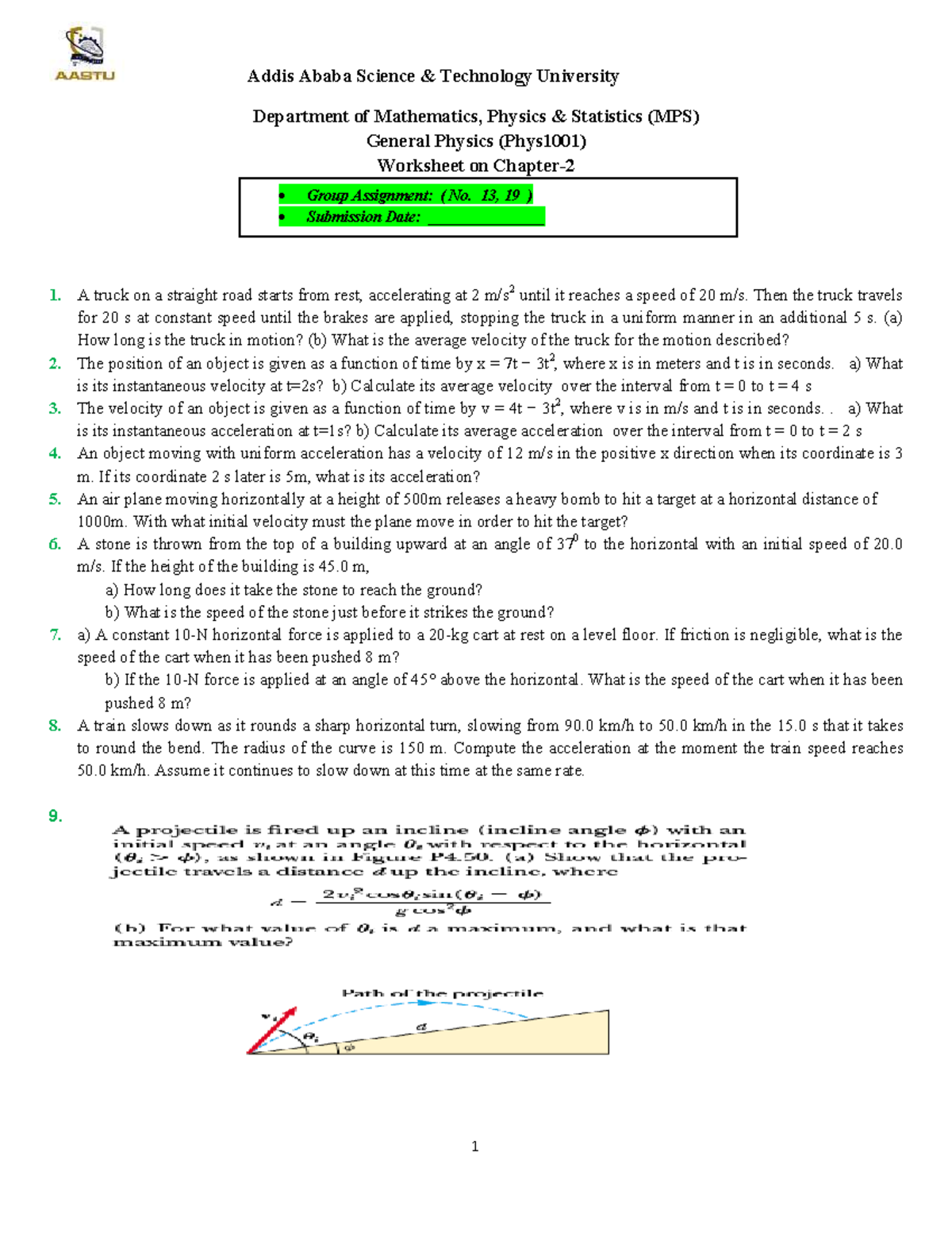 MPS Phys1001 General Physics Worksheet 2: Chapter 2 Problems - Studocu
