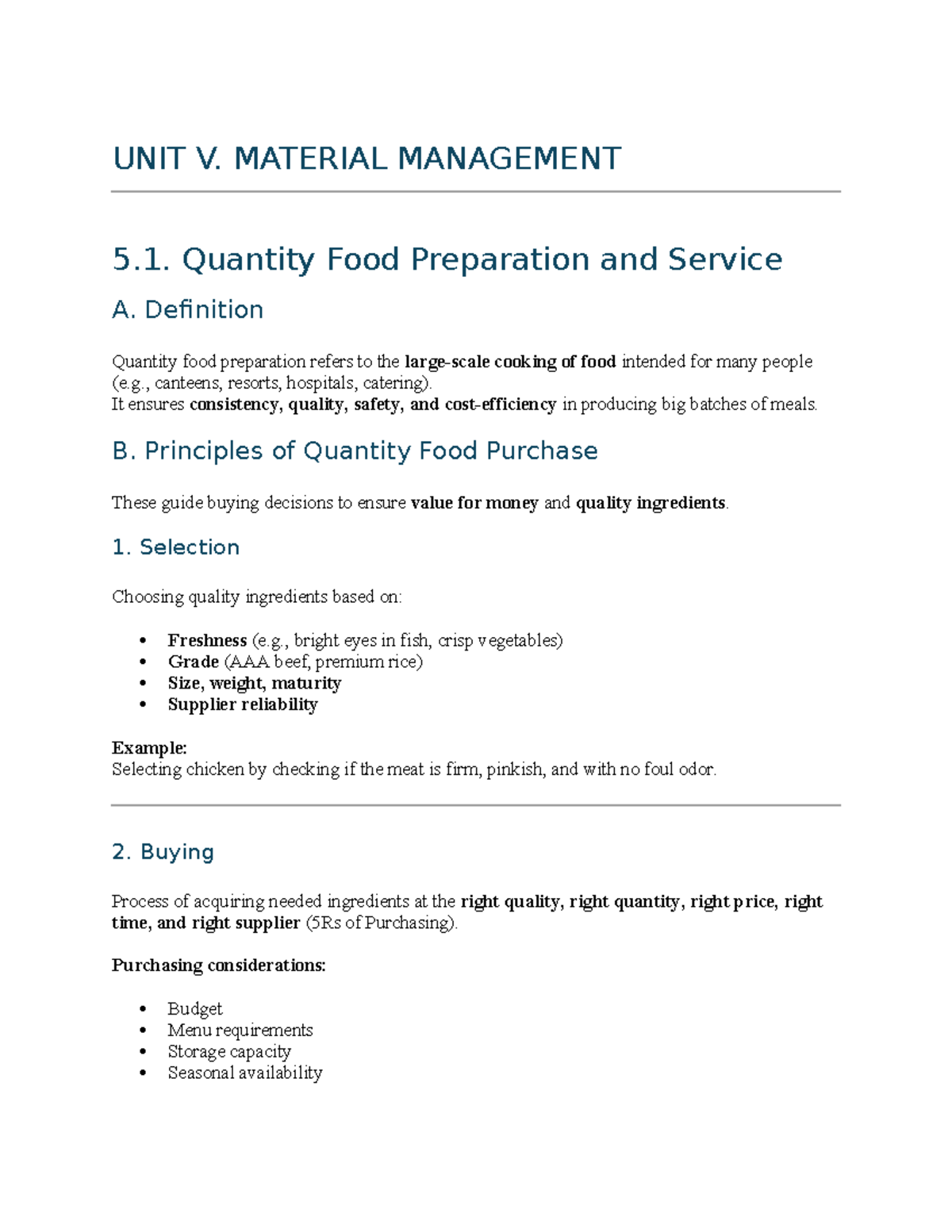Summary for Report: Unit V - Material Management in Food Service - Studocu