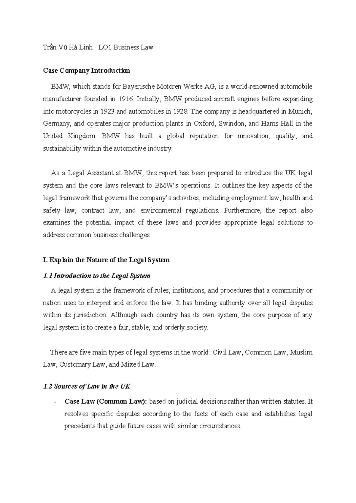 LO1 Business Law Case Study: UK Legal System & BMW Operations - Studocu
