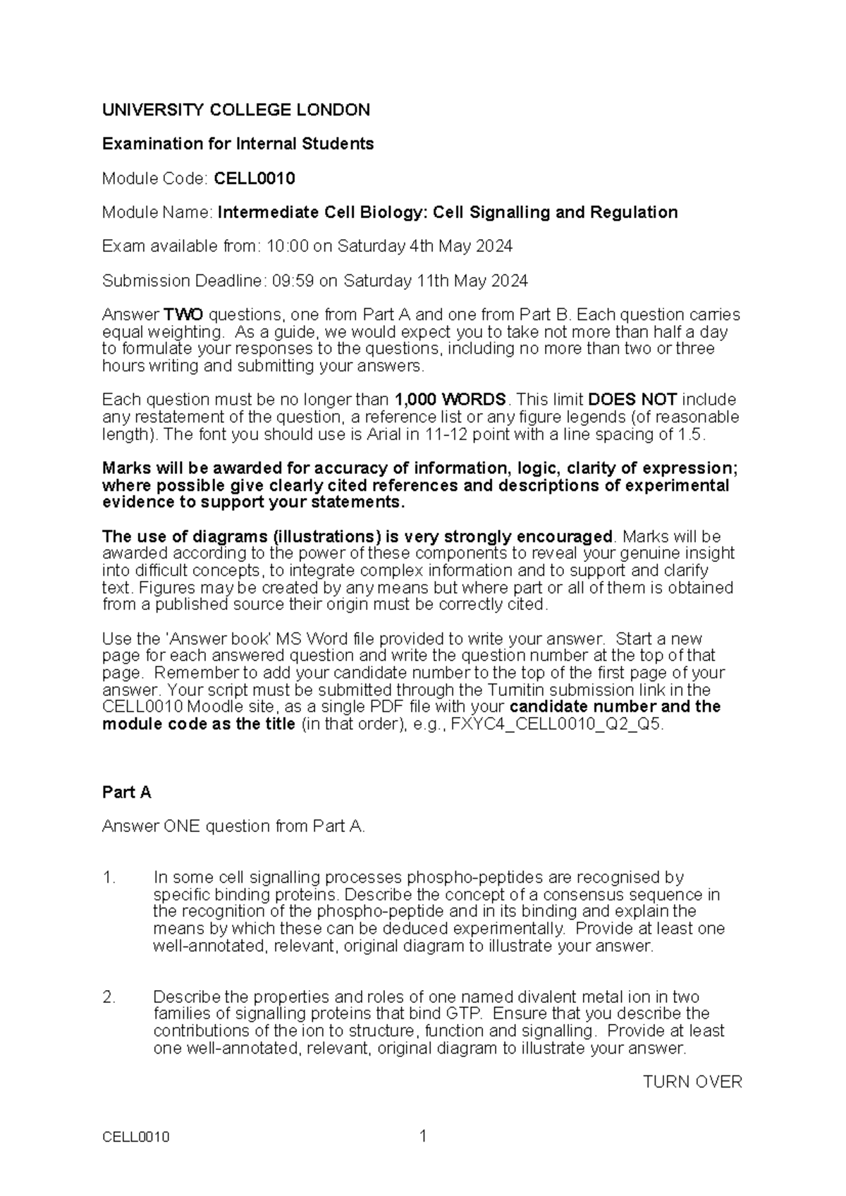 CELL0010 Intermediate Cell Biology Exam Paper 2023-24 - Studocu