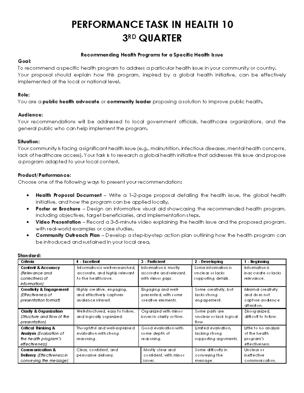 Recommending Health Programs for a Specific Health Issue - PERFORMANCE ...