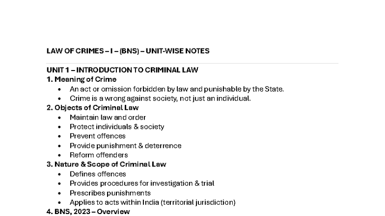 LAW OF CRIMES I (BNS) NOTES: UNIT 1-8 OVERVIEW & KEY CONCEPTS - Studocu