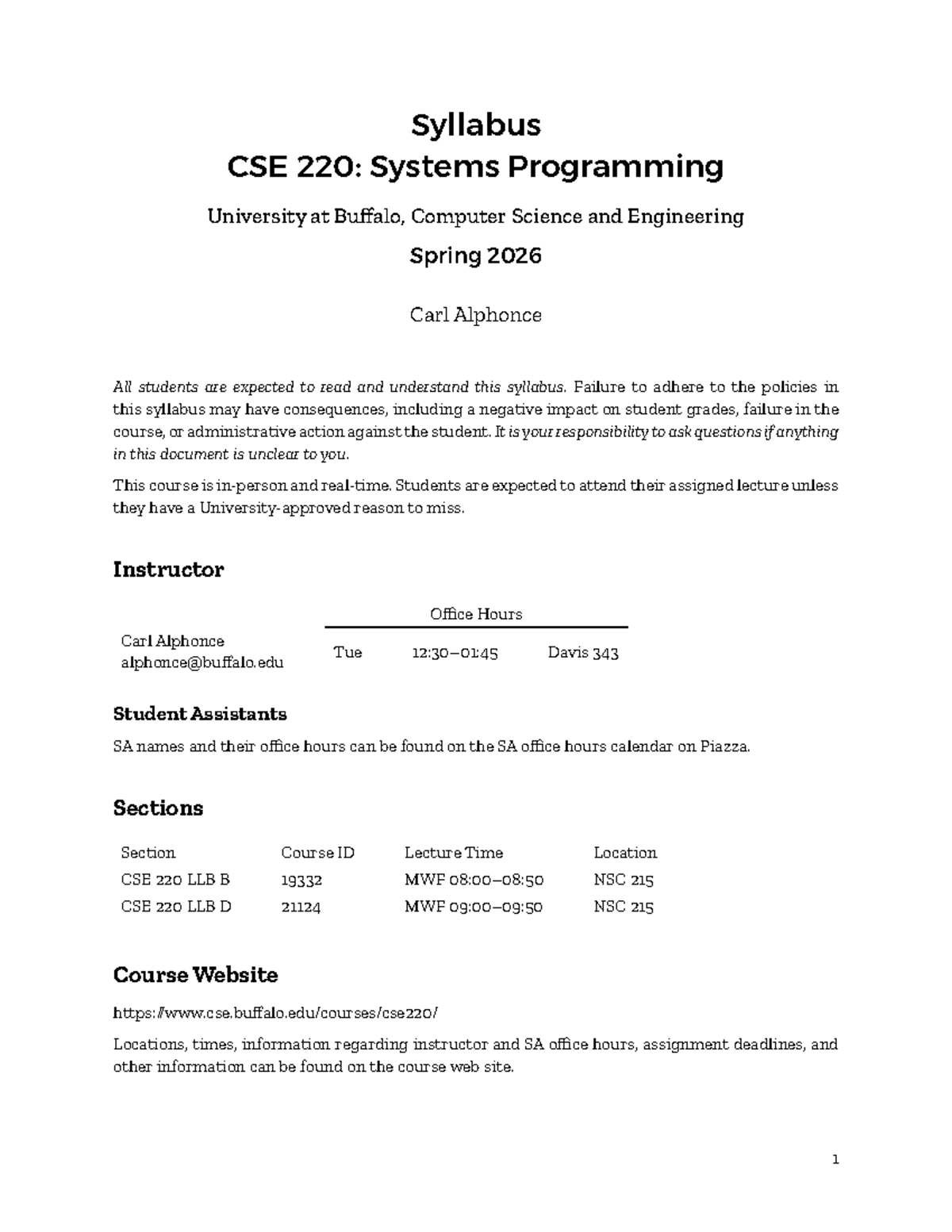 Syllabus CSE 220: Systems Programming - Spring 2026 Overview - Studocu