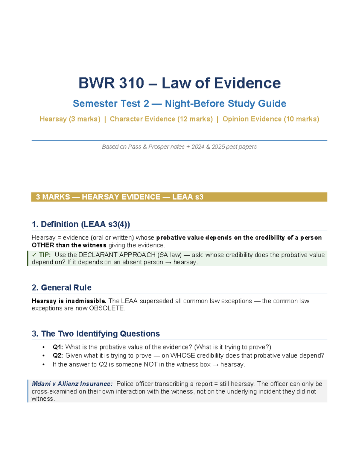 BWR 310 Law of Evidence Semester Test 2 Study Guide: Hearsay ...