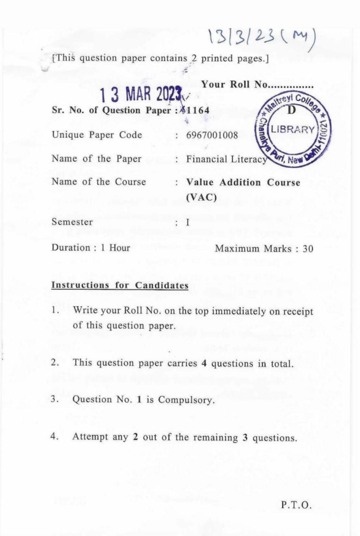 VAC I - Financial Literacy Previous Year Question Paper - Studocu