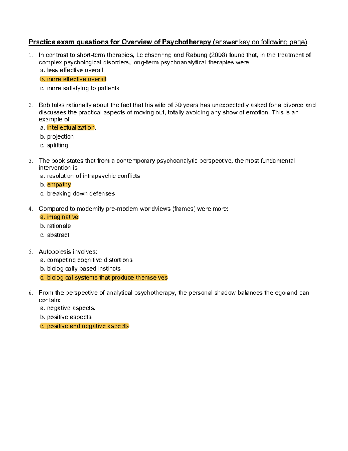 Midterm Practice Questions for Overview of Psychotherapy - Studeersnel