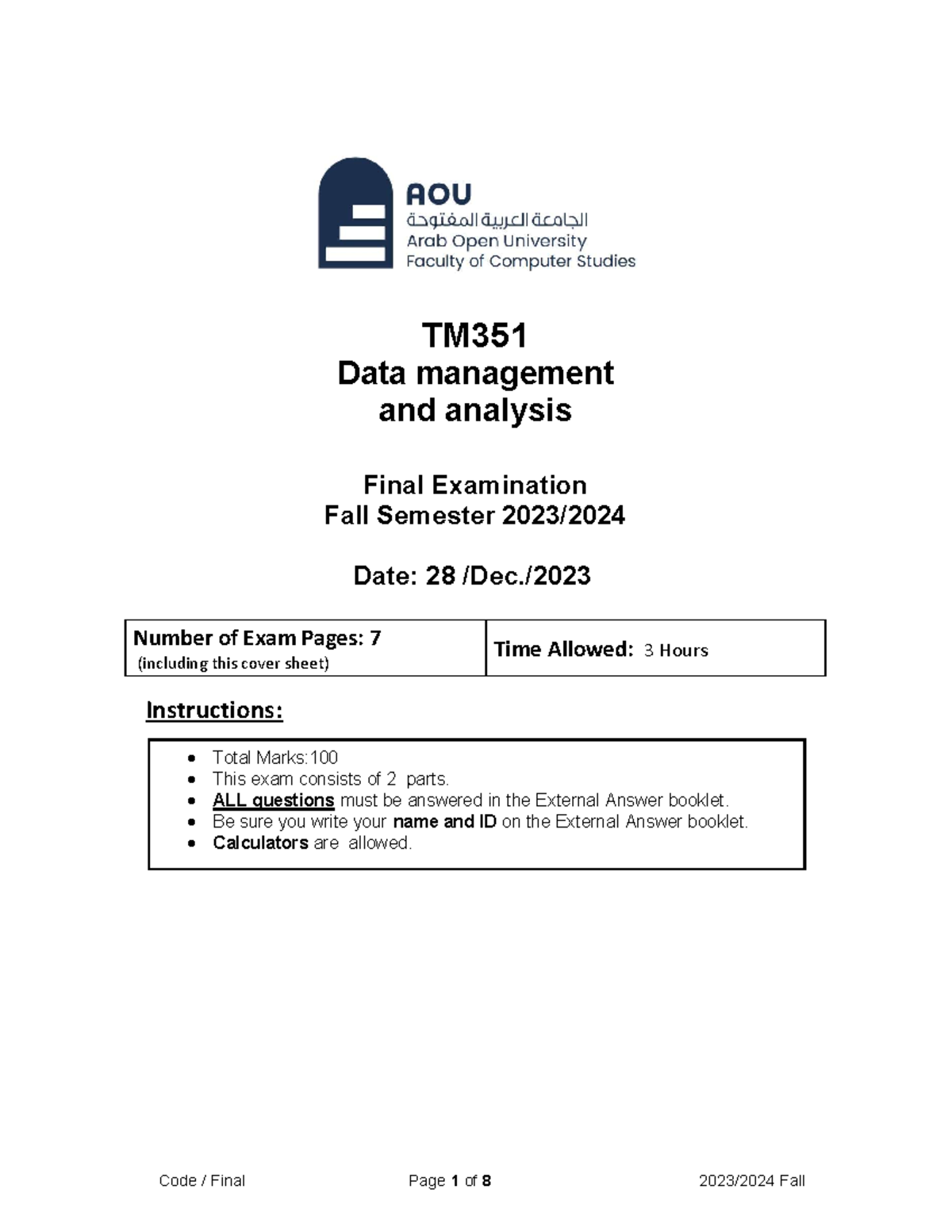 TM351 Data Management & Analysis Final Exam Key - Fall 2023 - Studocu