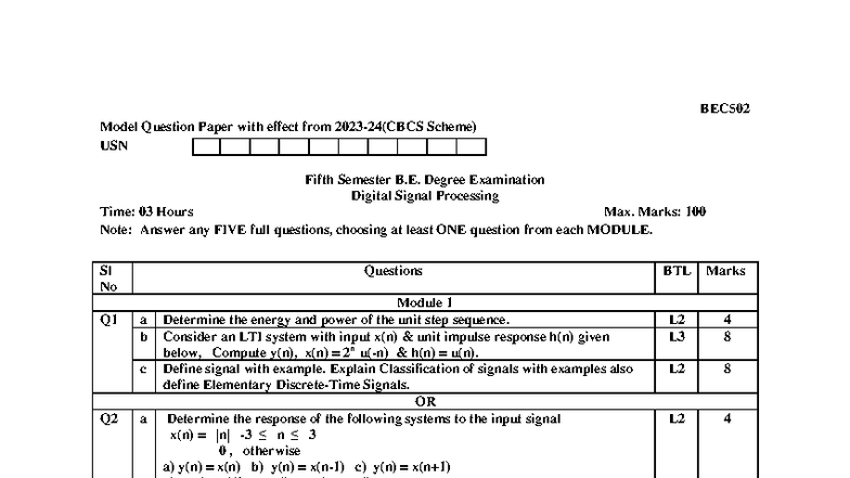 BEC502 Digital Signal Processing - Model Question Paper - Studocu