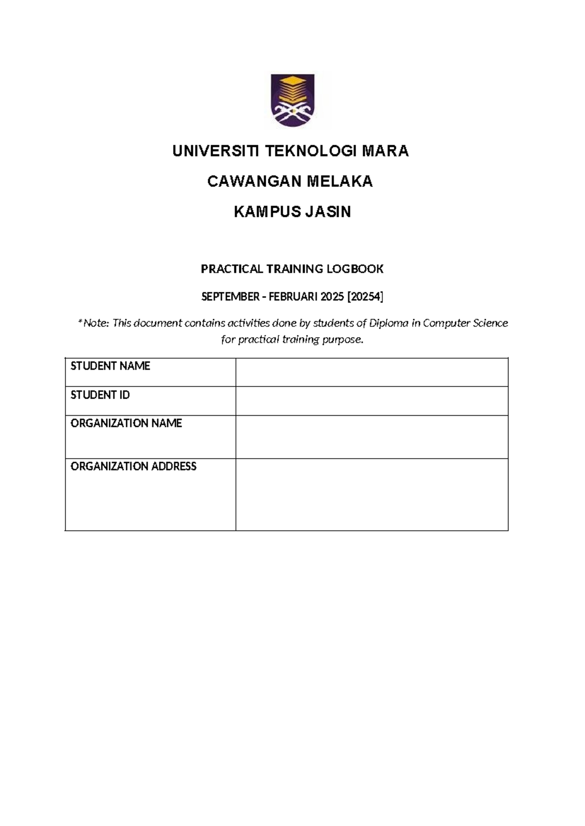 Practical Training Logbook for Diploma in Computer Science [20254 ...