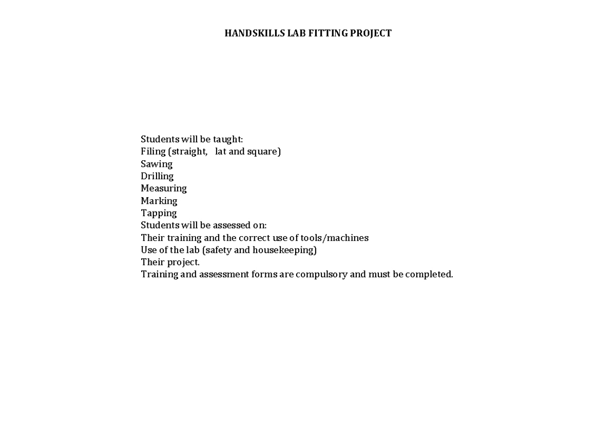 WKSPIB1 Handskills Lab Fitting Project Assessment 2025 - Studocu