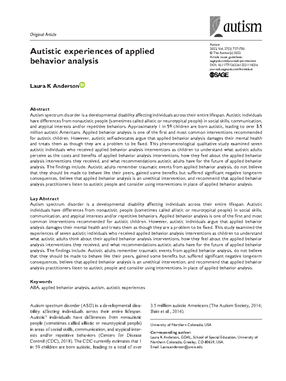 Autistic Experiences of Applied Behavior Analysis: A Qualitative Study ...