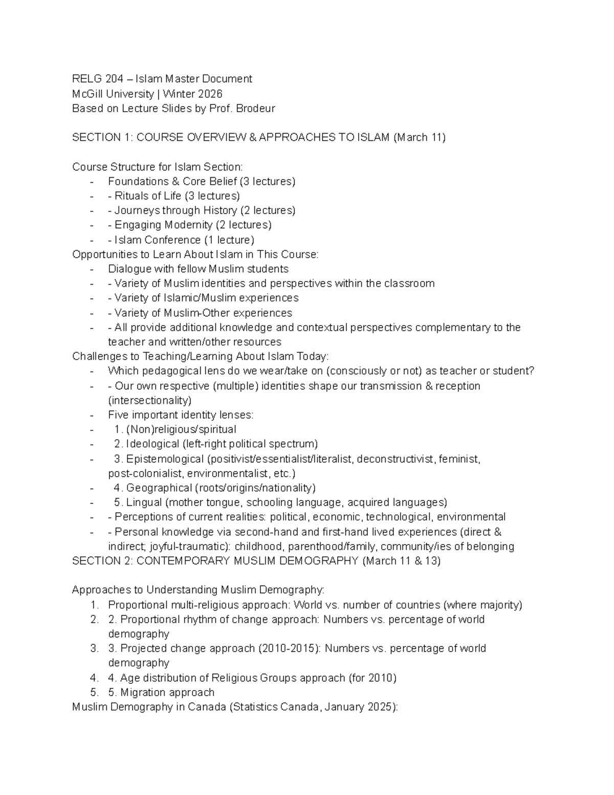 RELG 204 - Comprehensive Overview of Islam: Lecture Notes & Key Themes ...