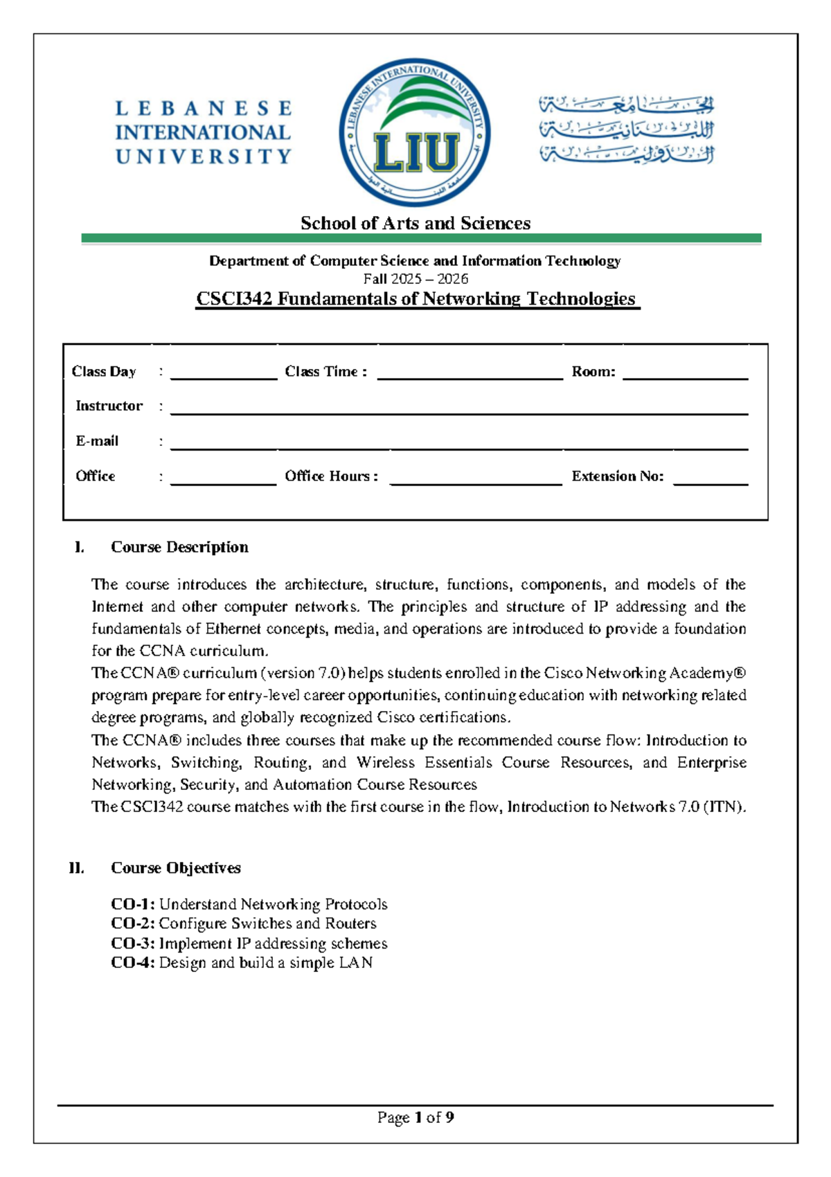 CSCI342 Fundamentals of Networking Technologies Syllabus Fall 2025-2026 ...