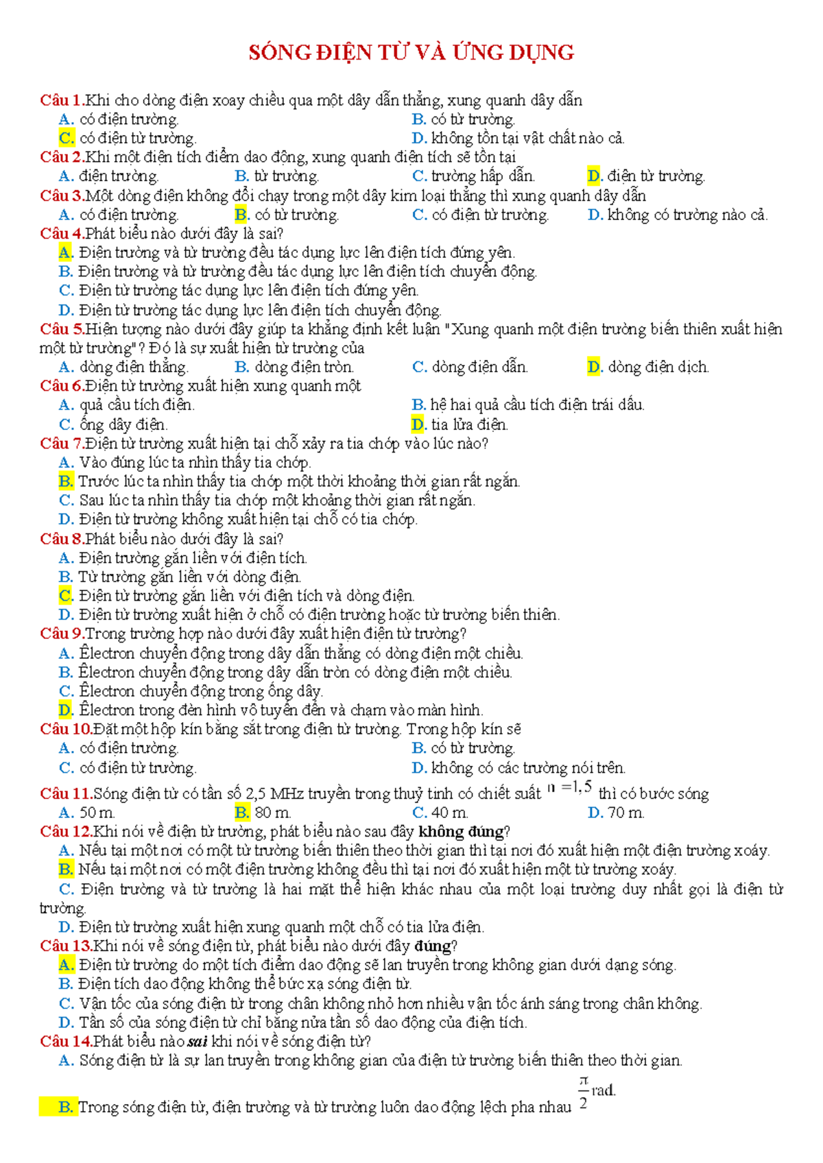 BT - C0410 - Song dien tu va Ung dung - SÓNG ĐIỆN TỪ VÀ ỨNG DỤNG Câu 1 ...