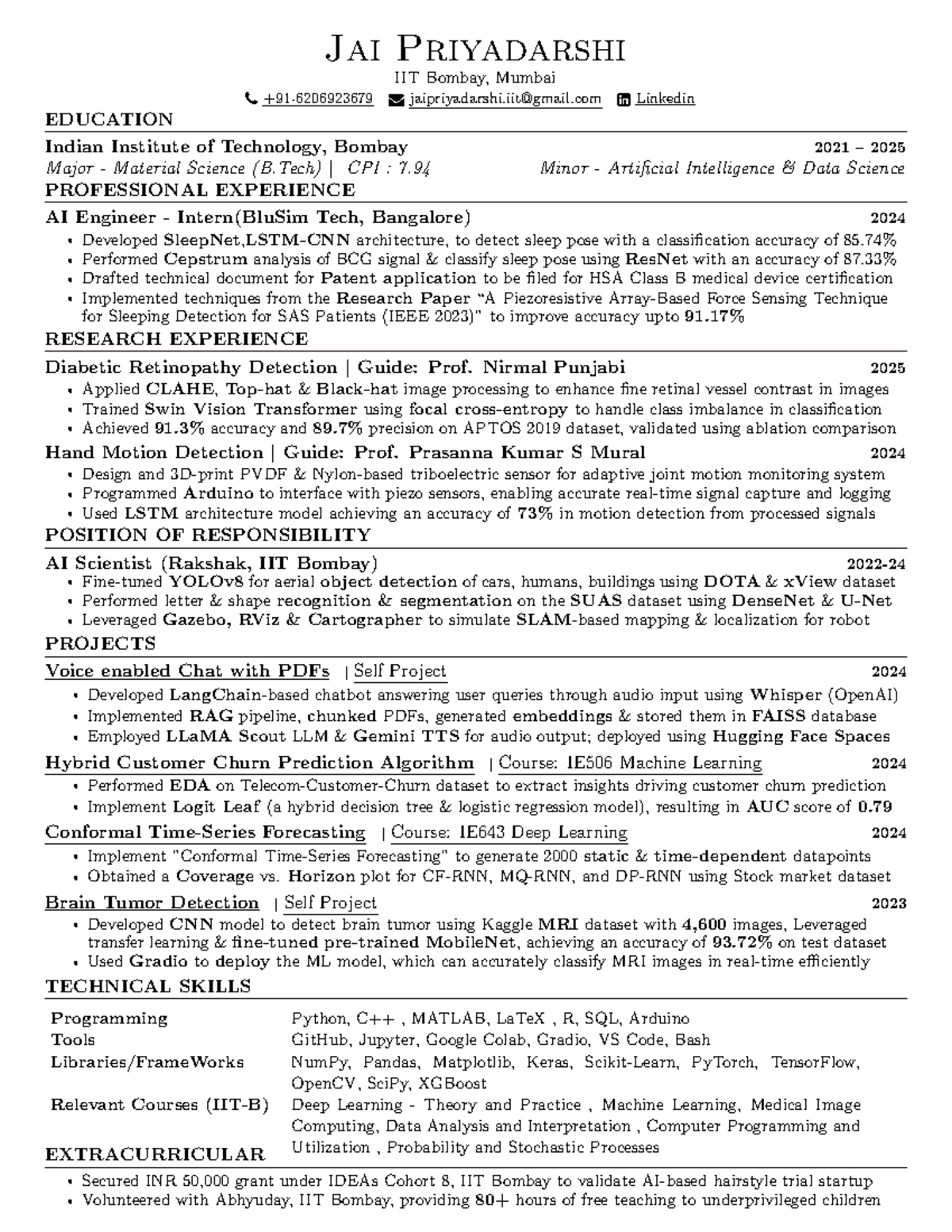 IIT Bombay Resume: B.Tech in Material Science & AI Engineering ...