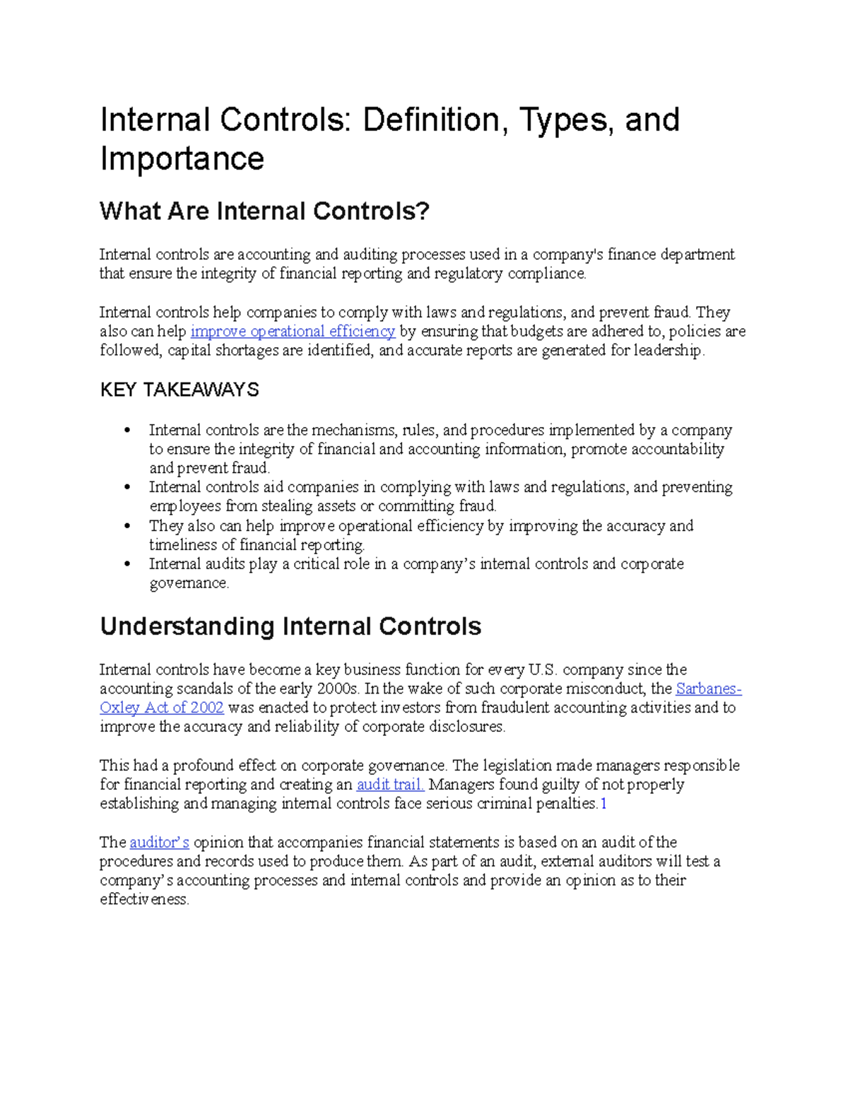 Internal Controls: Summary of Types and Importance (ACC 101) - Studocu