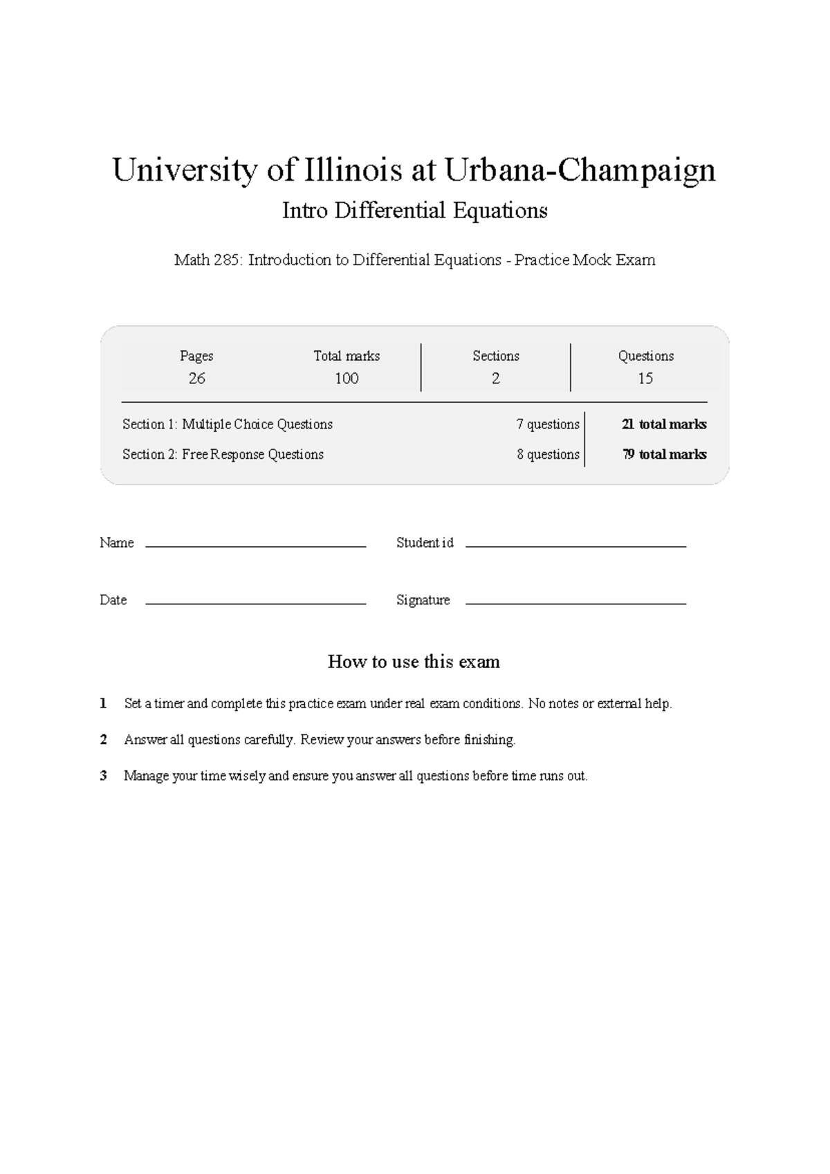 MATH 285: Intro Differential Equations Practice Mock Exam 2026 - Studocu
