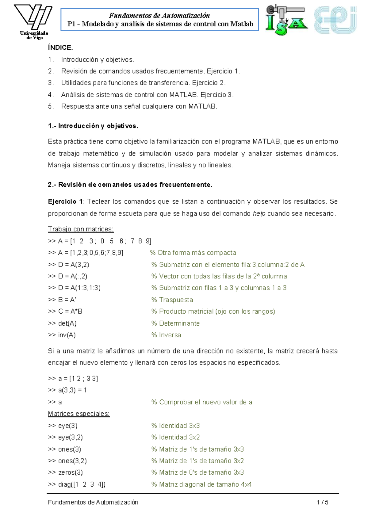 P1 - Modelado y Análisis de Sistemas de Control con MATLAB - Studocu