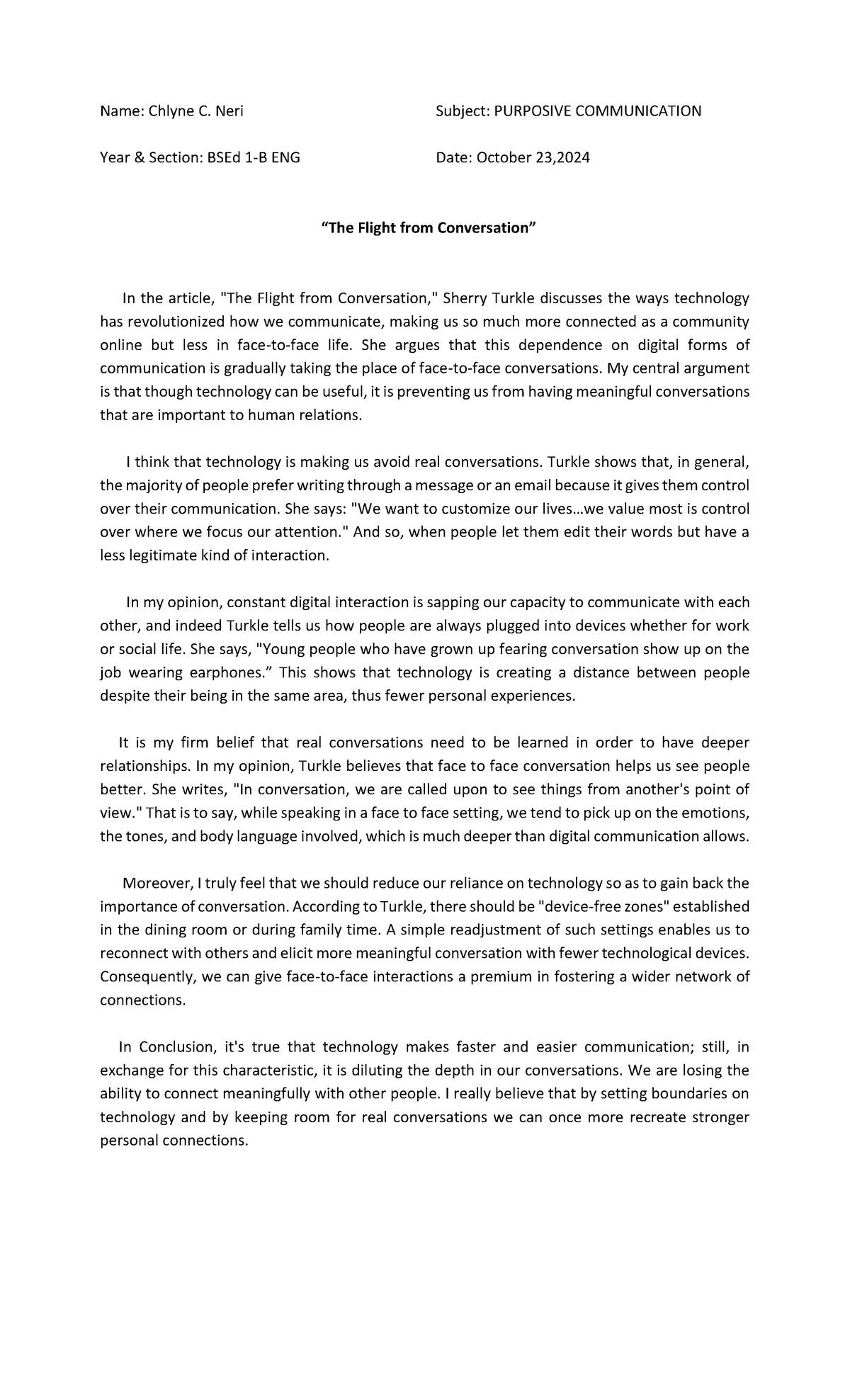 Reaction Paper Chlyne C - Name: Chlyne C. Neri Subject: PURPOSIVE