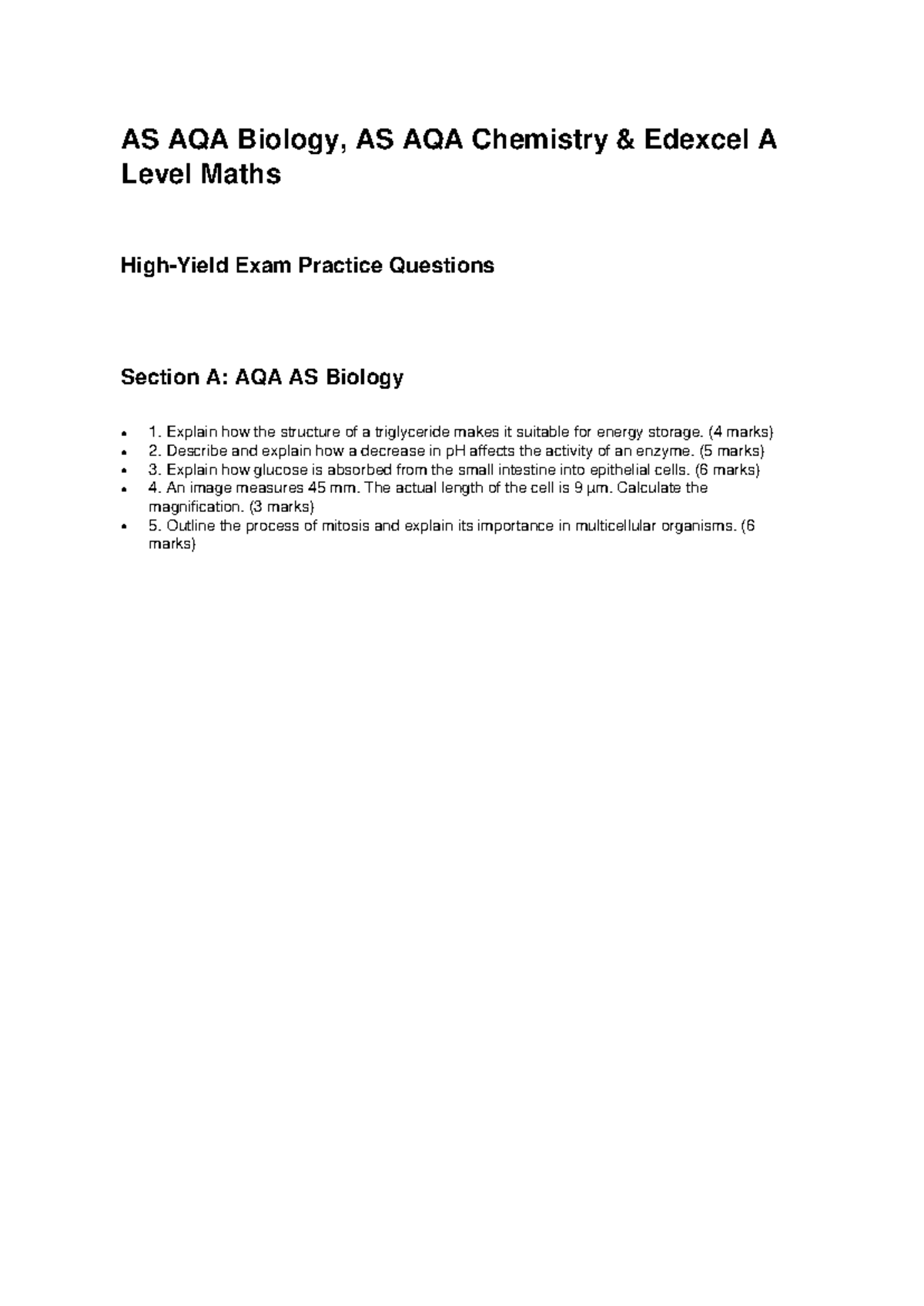 AS AQA Bio & Chem Edexcel A Level Exam Practice Questions - Studocu
