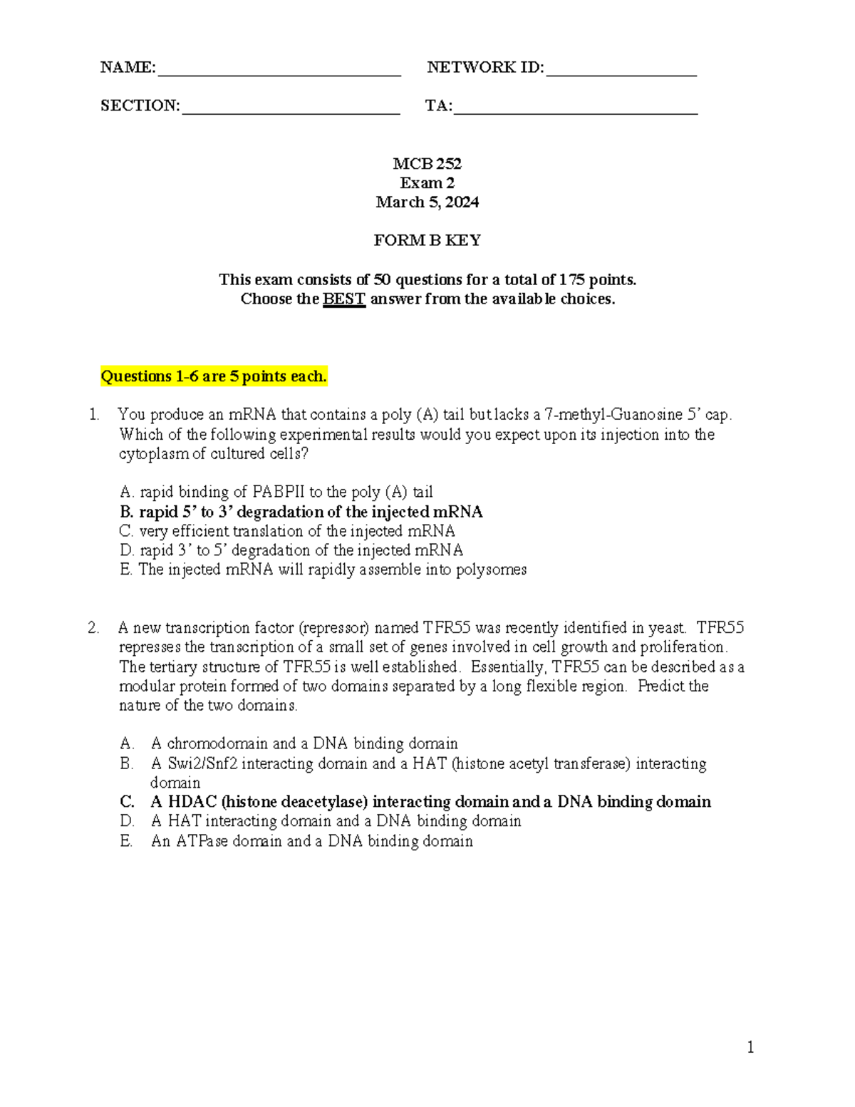 MCB 252 Exam 2 Form B Answer Key - March 5, 2024 - Studocu