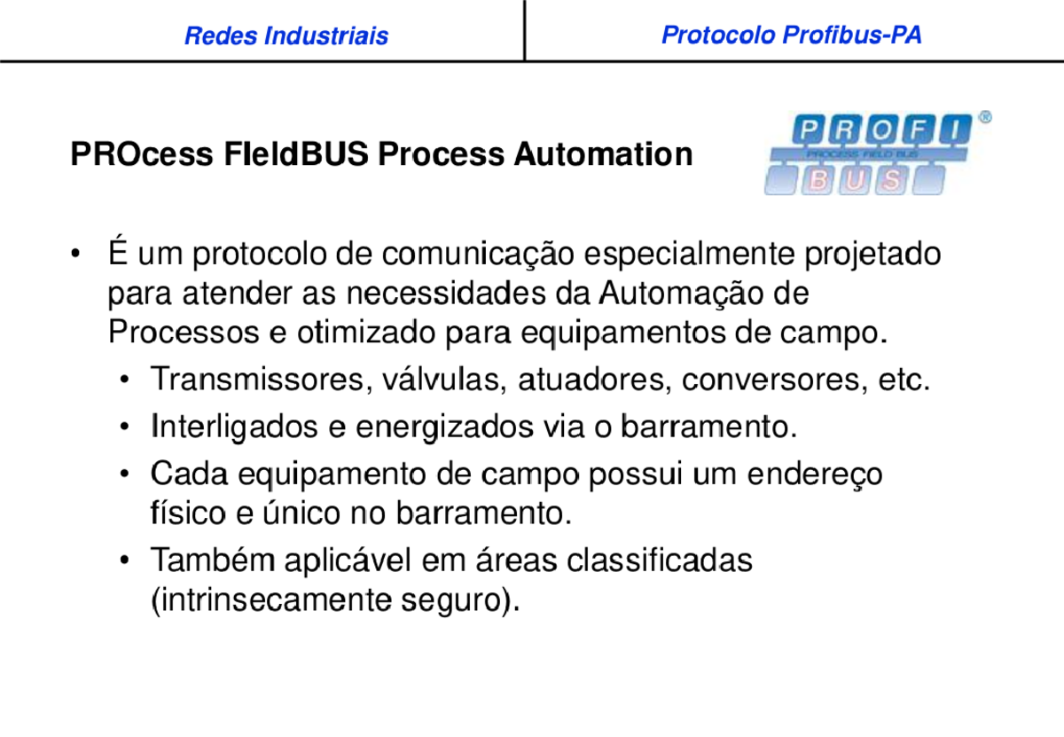 Redes Industriais: Protocolo Profibus PA para Automação de Processos ...