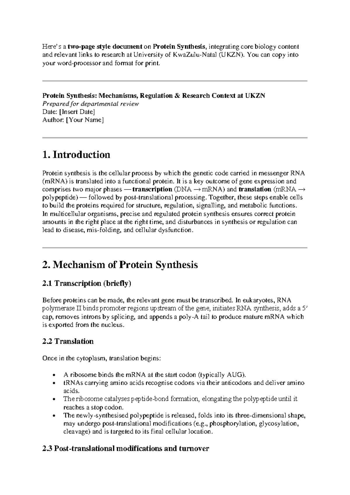Protein Synthesis: Mechanisms and Research Context at UKZN - Studocu
