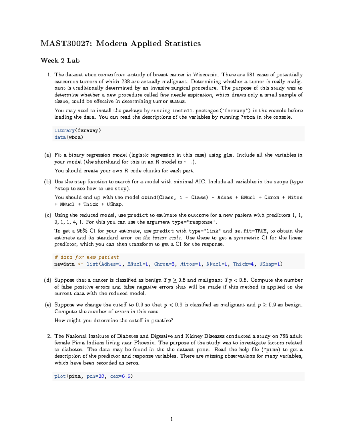 MAST30027: Modern Applied Statistics Week 2 Lab Questions - Studocu