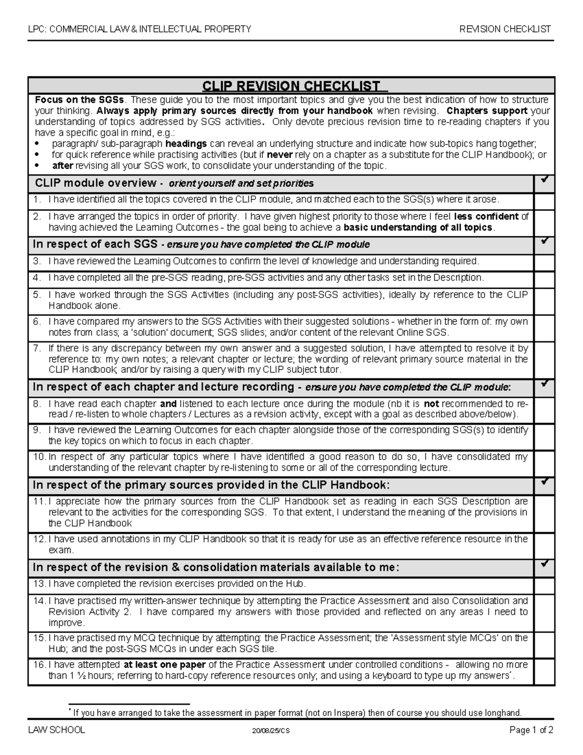 LPC: CLIP Module Revision Checklist for Commercial Law IP - Studocu