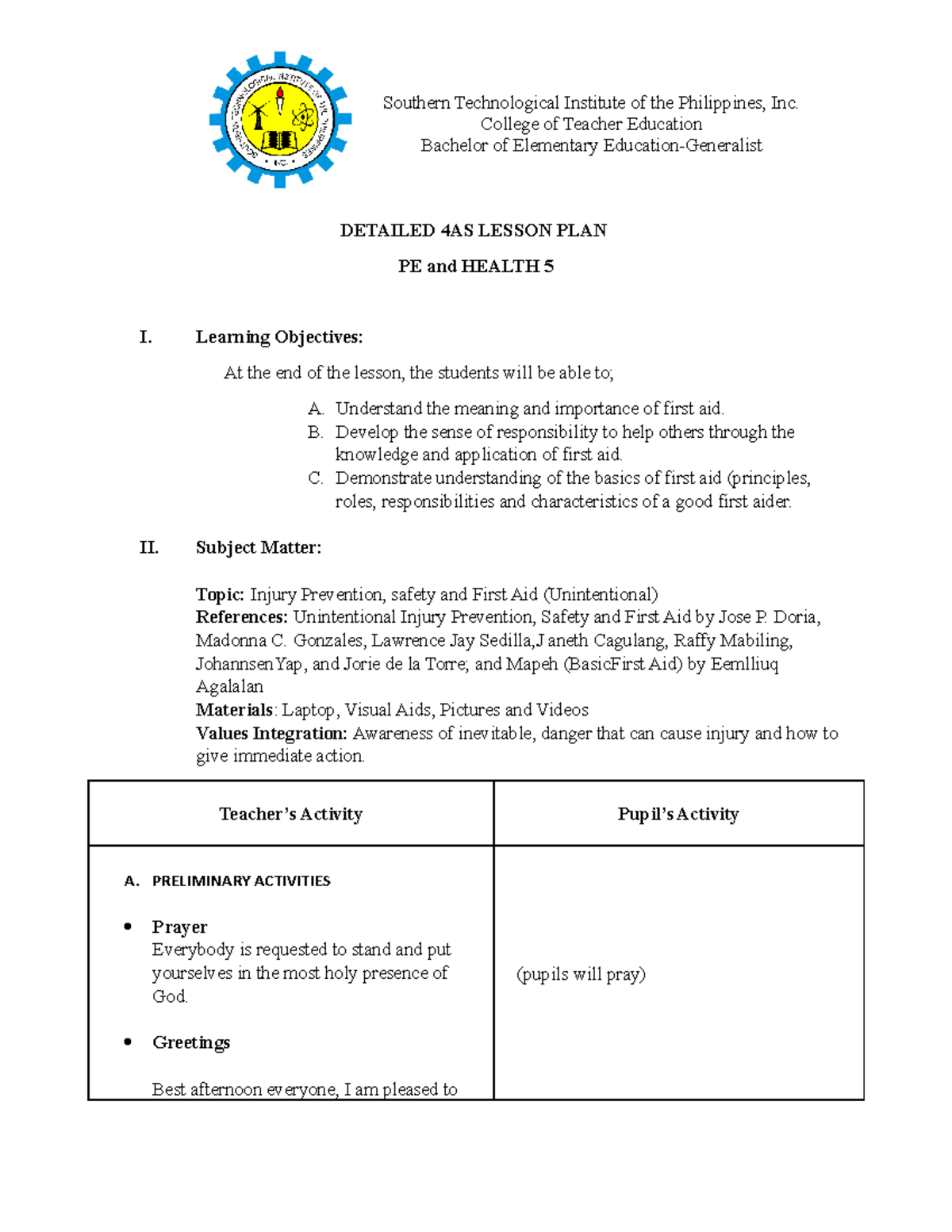 P.E. 5 - Detailed Lesson Plan on First Aid & Injury Prevention - Studocu
