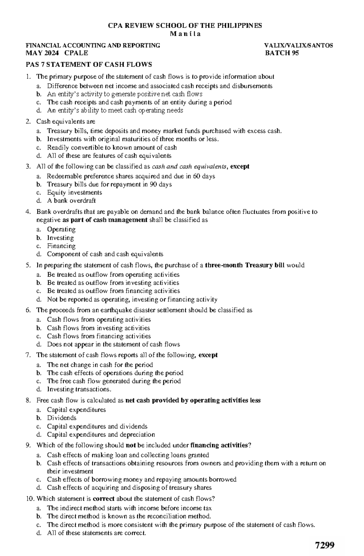 7299 - PAS 7 Statement of Cash Flows Review Notes for CPALE 2024 - Studocu