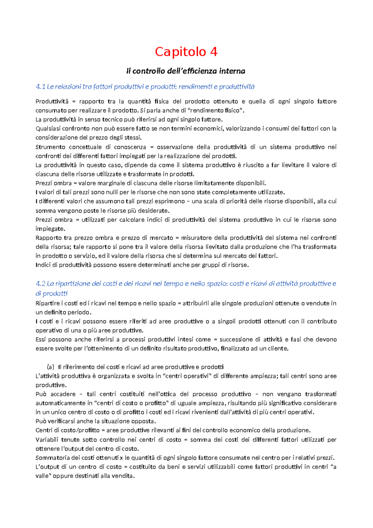 Capitolo 4 - Controllo Interno: Produttività, Costi e Ricavi - Studocu