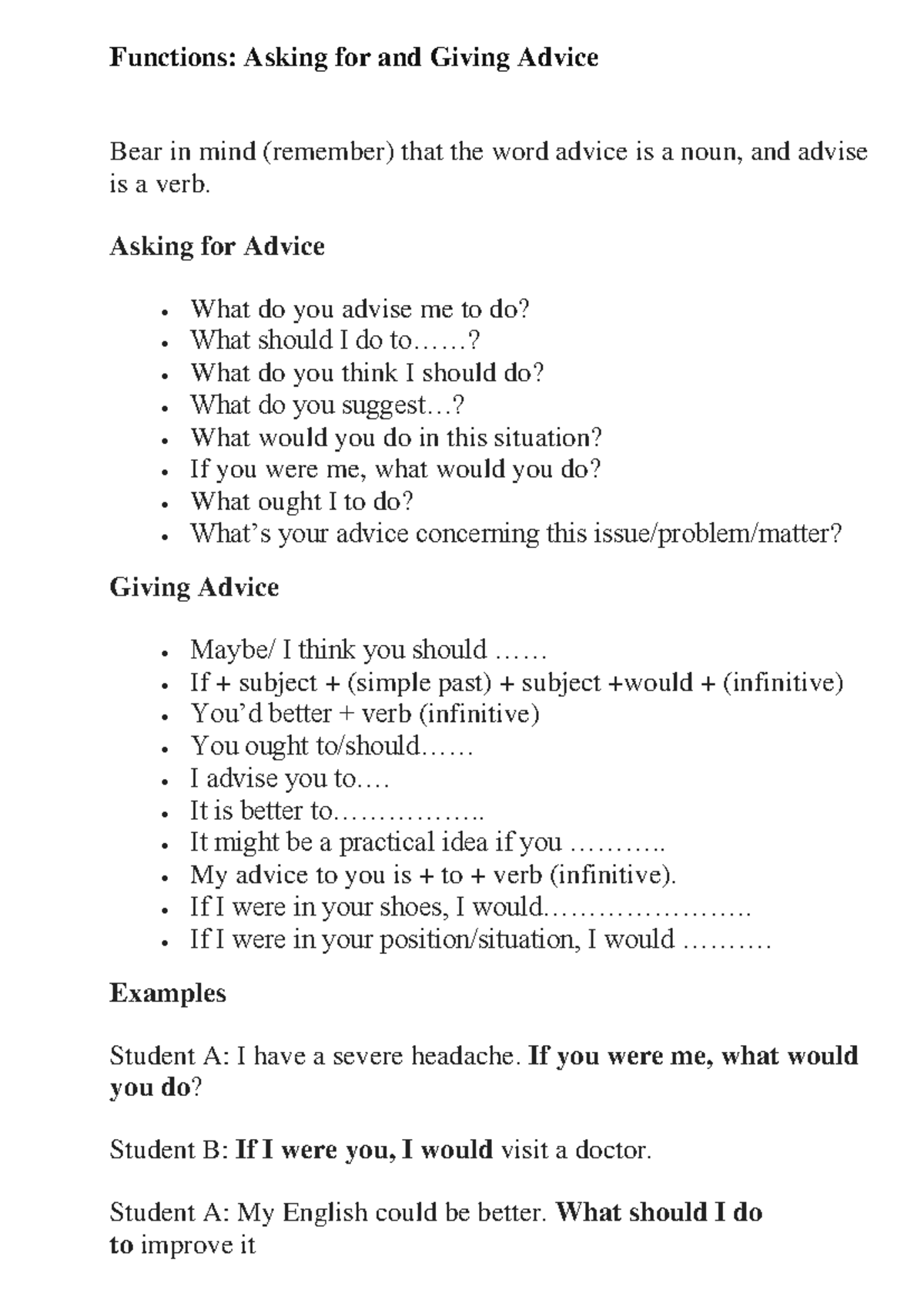 Advice - fine - Functions: Asking for and Giving Advice Bear in mind ...