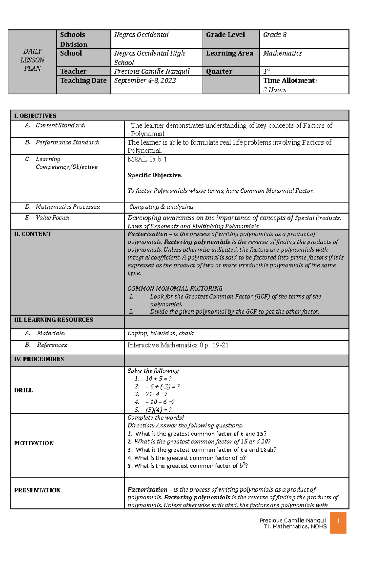 Grade 8 Math Lesson 1: Understanding Factors of Polynomials - Studocu