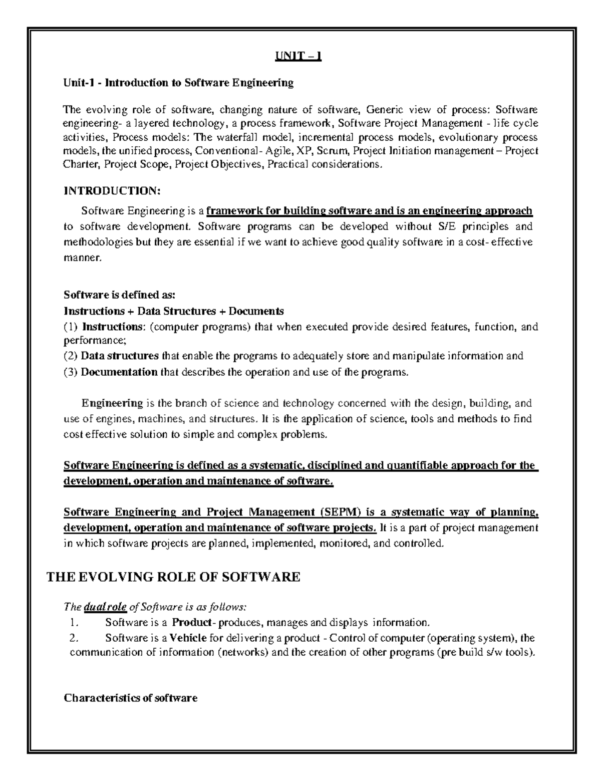 SEPM UNIT I: Introduction to Software Engineering and Project ...