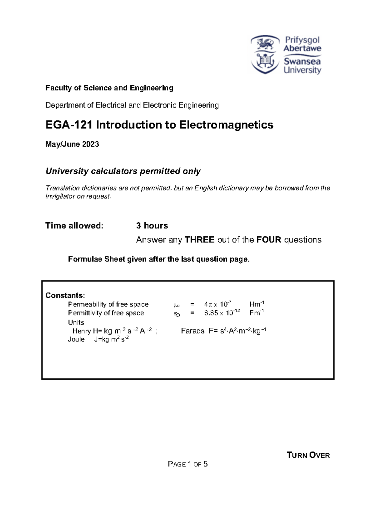 EGA121 Exam Paper TB2 22-23 - ####### Faculty of Science and ...
