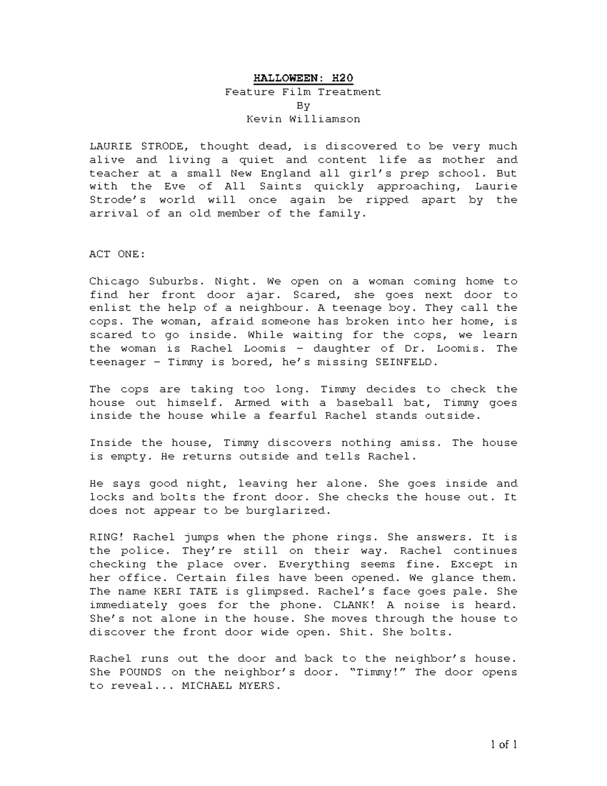 HALLOWEEN: H20 Feature Film Treatment - A New Chapter Unfolds - Studocu