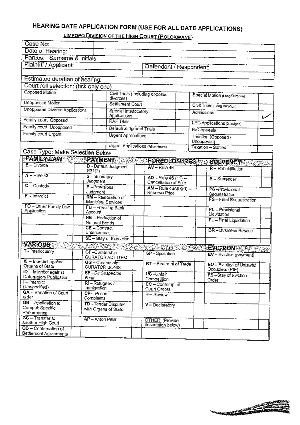 HEARING DATE APPLICATION FORM - LIMPOPO HIGH COURT (POLOKWANE) - Studocu