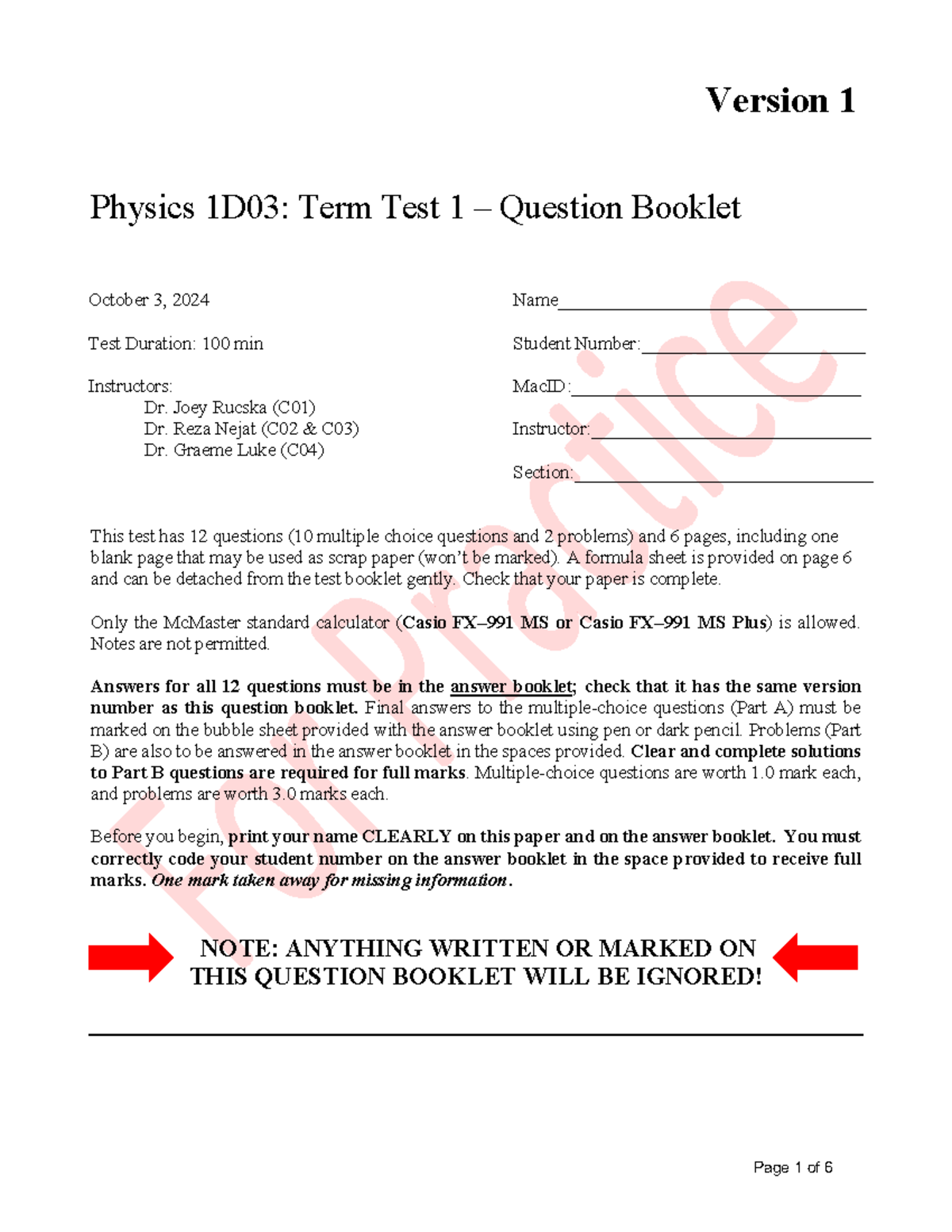 Physics 1D03 Term Test 1 – Question Booklet (Oct 3, 2024) - Studocu