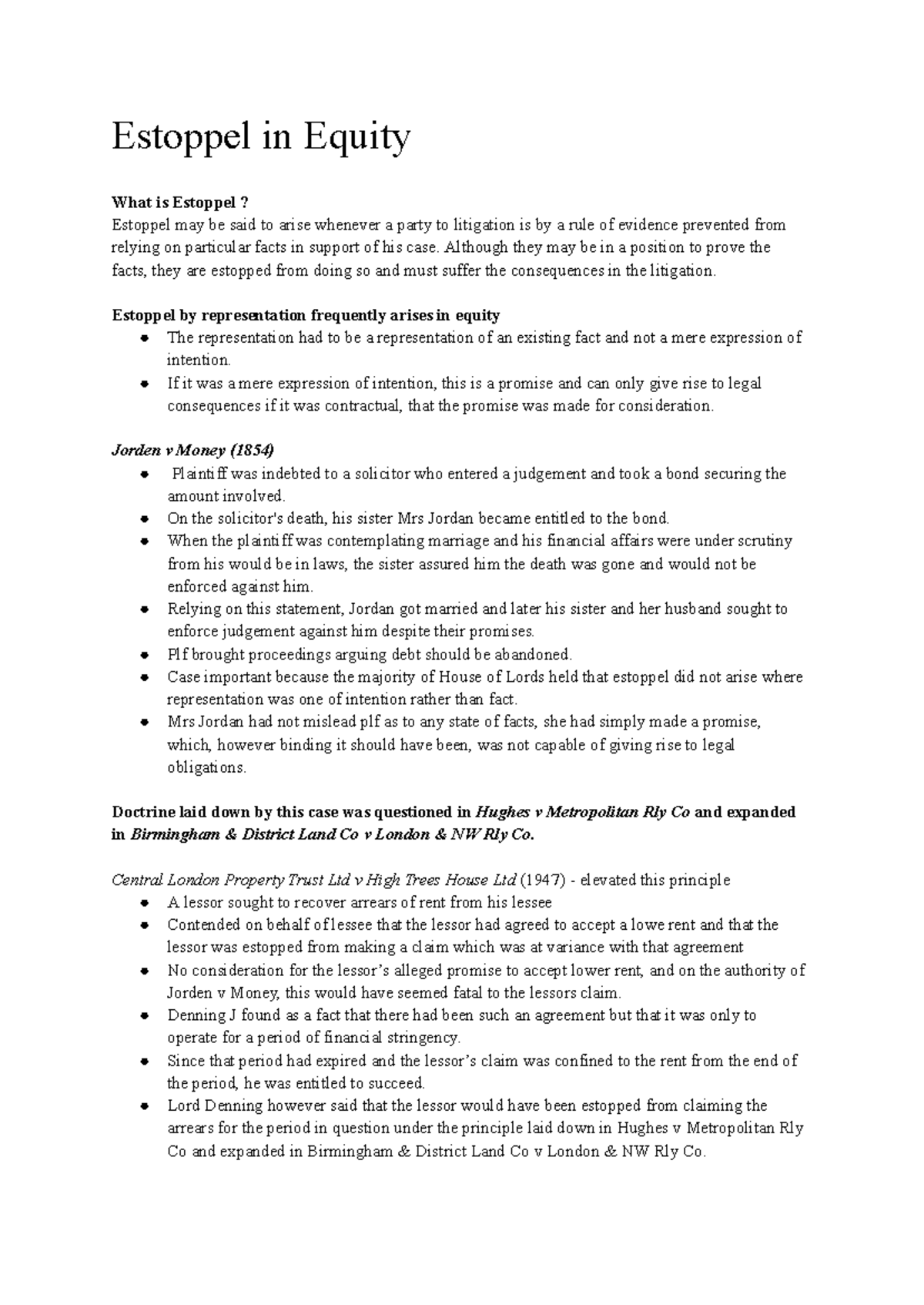 Equity and Trusts 2: Estoppel and Key Case Law Exam Notes - Studocu